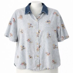 Vtg 90s Quizz Again Bear Striped Shirt Denim Collar Blue M Novelty Cottagecore